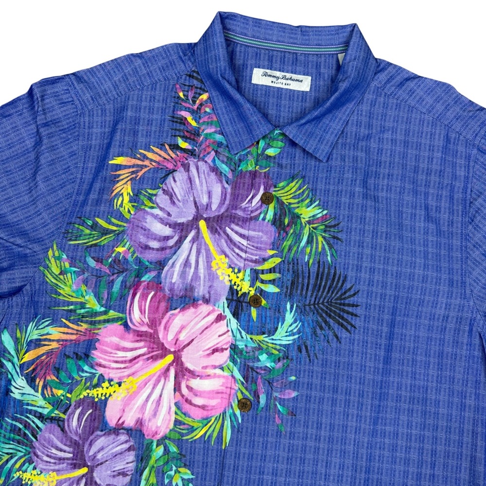 Tommy Bahama Mojito Bay Blue Hibiscus Floral Print Coolmax Button Down Shirt L